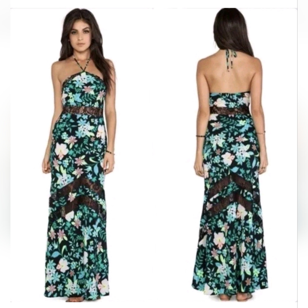 Lovers+Friends Womens Maxi Dress Tonight Electric‎ Hibiscus Lace Halter Large